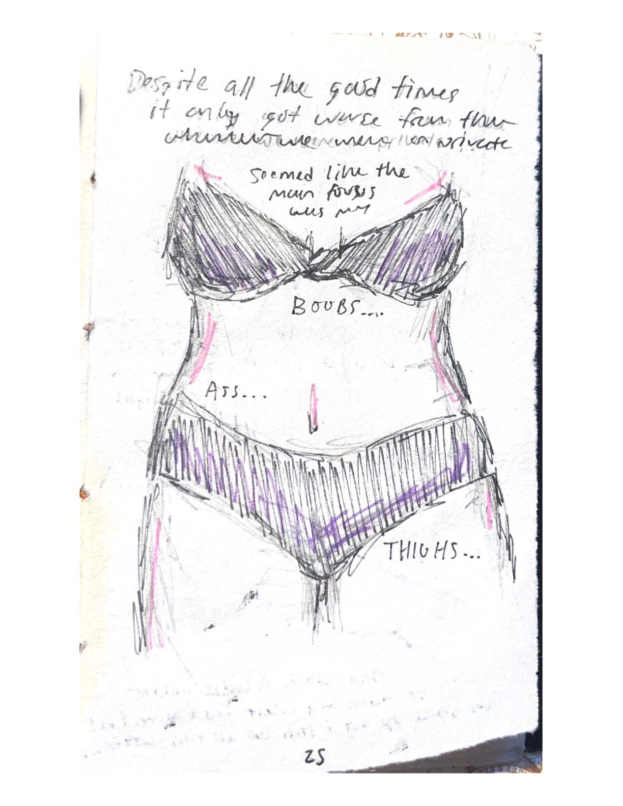 Despite all the good times it only got worse from there wherever we were in private. Seemed like the main focus was my Boobs…Ass…Thighs…
    [Drawing of a body wearing underwear.]
    